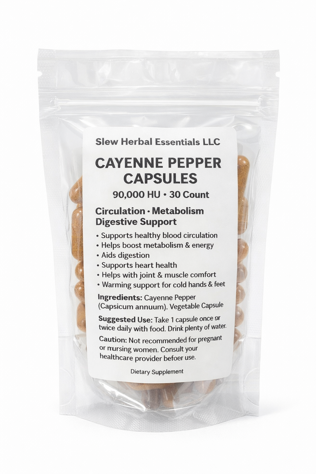 Cayenne Pepper Capsules in clear bag with label on front on the bag