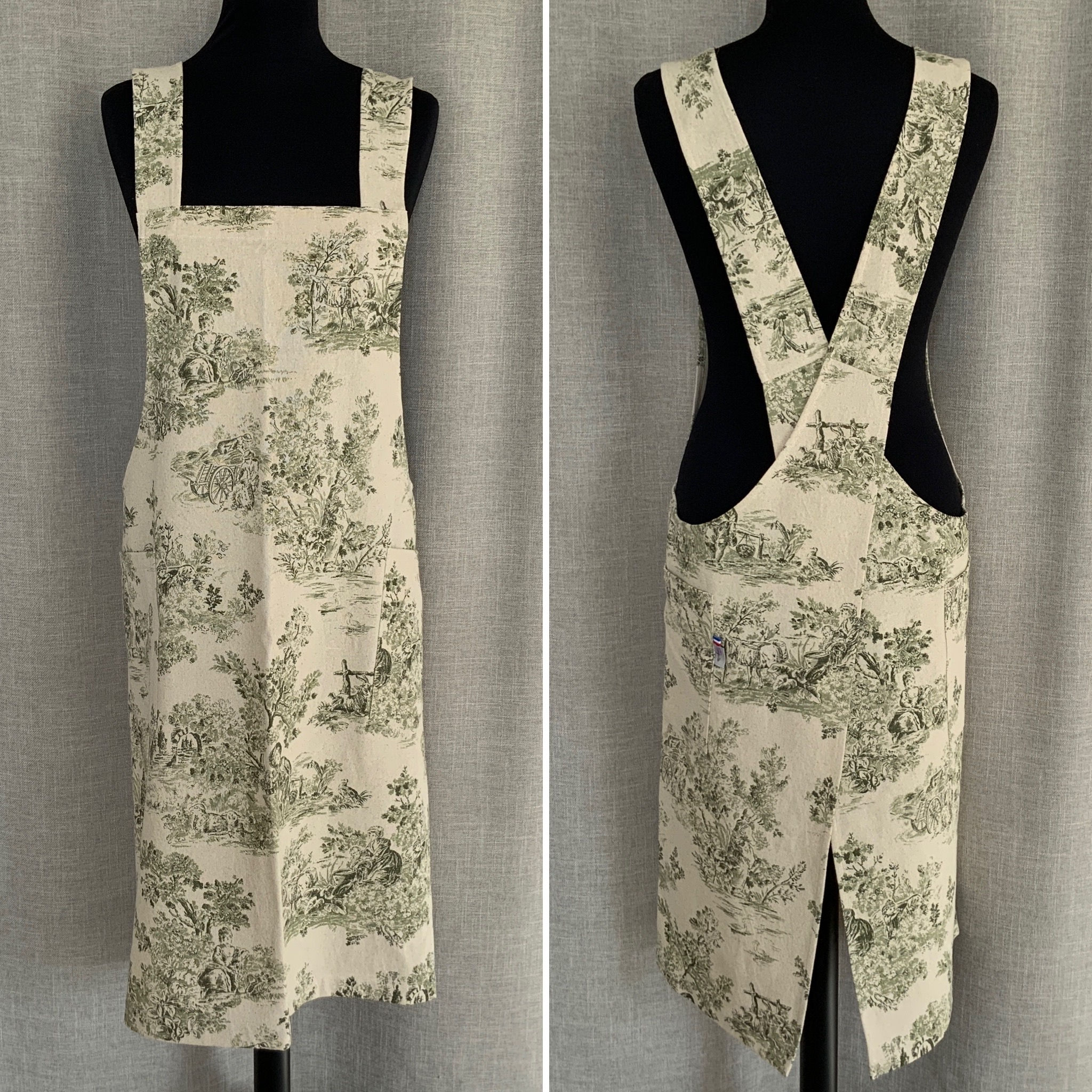 Tablier japonais toile de Jouy vert