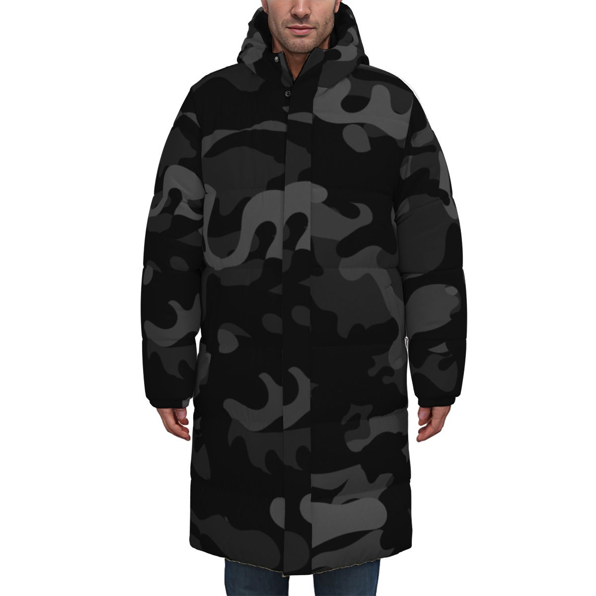 Black Camo Print Unisex Long Down Jacket
