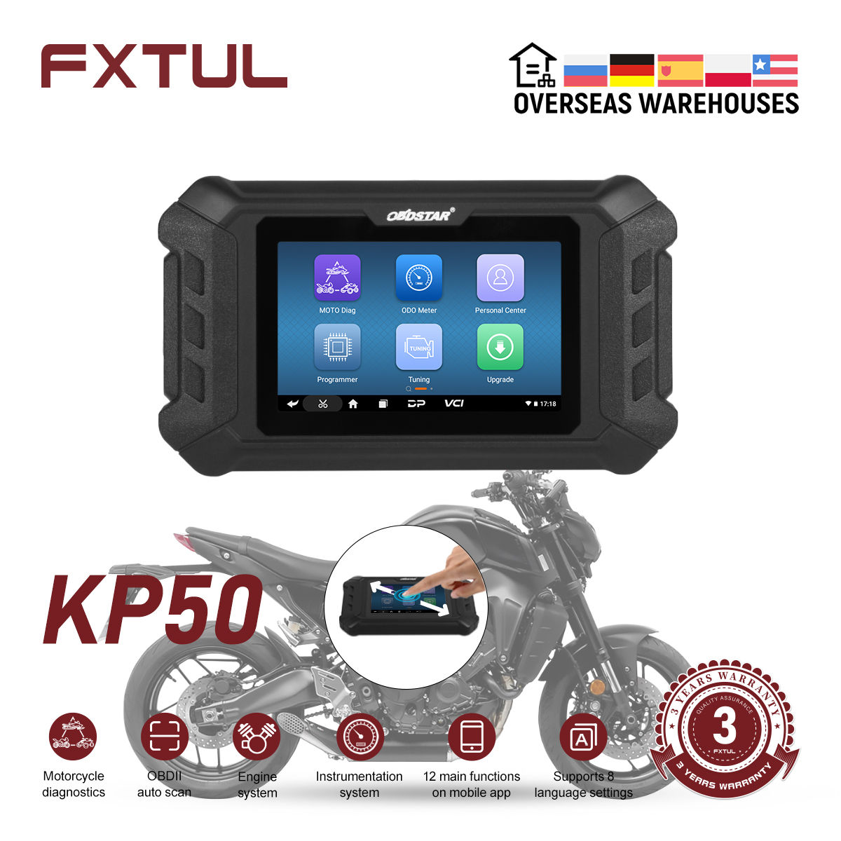 OBDSTAR KP50 Motorcycle Diagnostic Tool OBD2 Clear Fault Codes Scanner Support