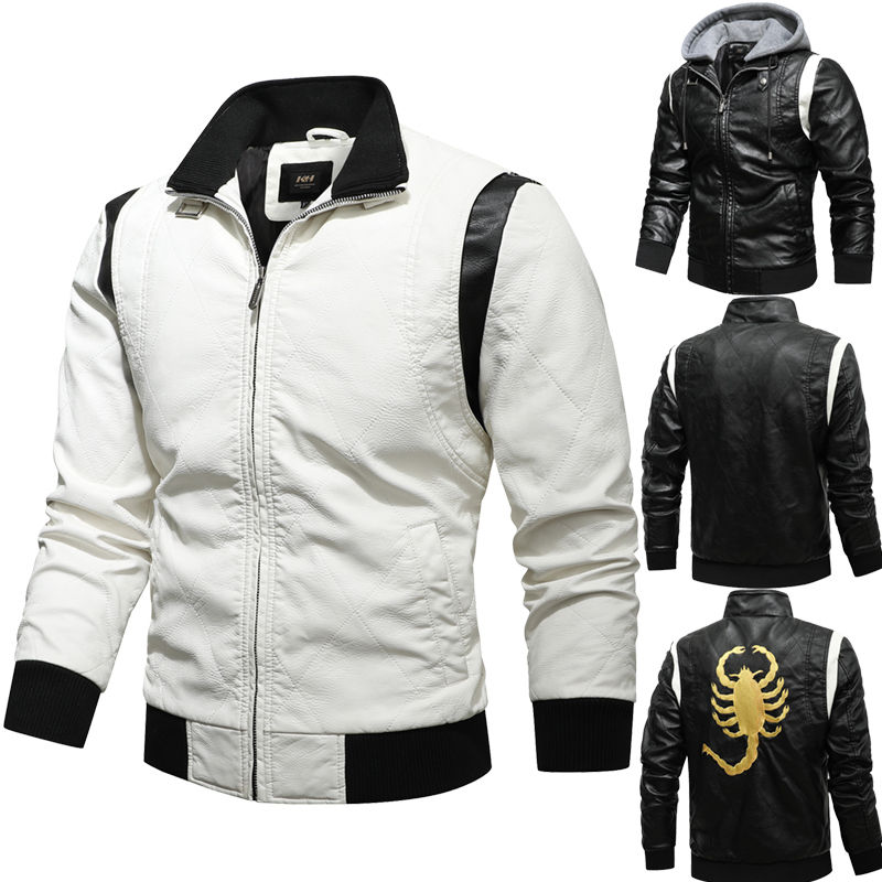 Thumbnail: Autumn Winter Bomber Leather Jacket Men Scorpion Embroidery Hooded Jacket PU Lea