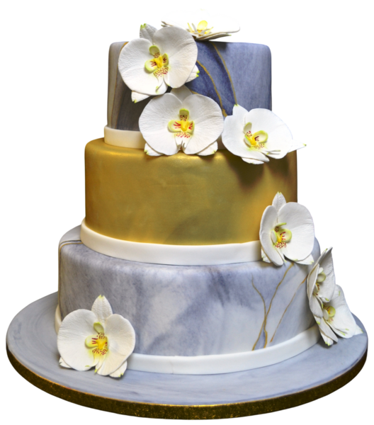 Four-tier wedding cake with gold, marble, and white sugar paste orchids.