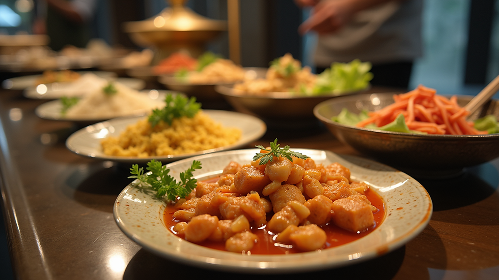 Eye-level view of buffet table with various Asian dishes