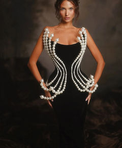 Strapless Beaded Maxi Dress, Zipper Closure, Black Polyester, Sheath Silhouette