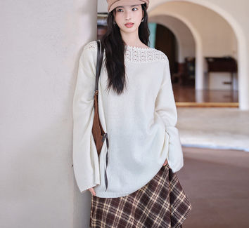 Knit Sweater, Mandarin Collar, Wool Blend, White Hollow Out