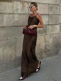 Floor-Length Maxi Dress, A-Line Camisole Gown, Brown Satin V-Neck, Backless
