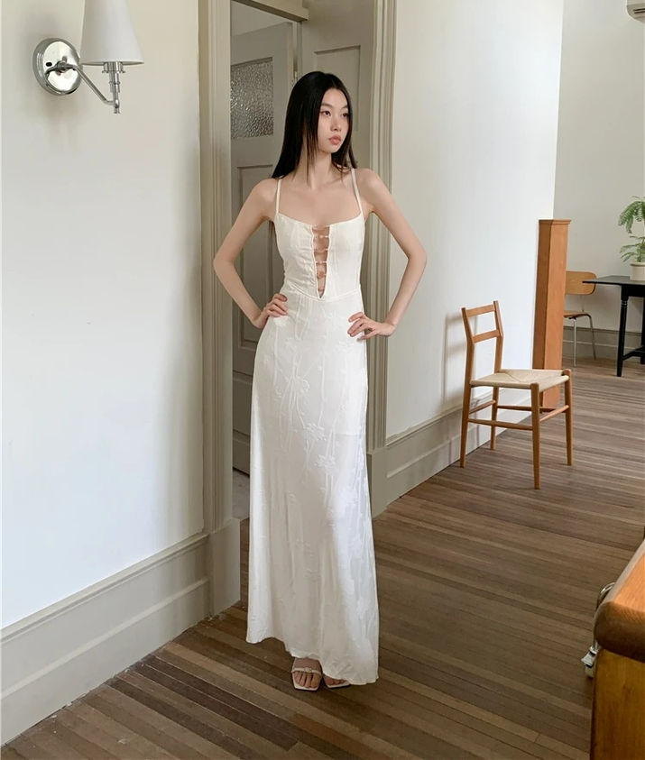 A-Line Midi Dress, White Polyester Camisole Dress, Sleeveless Strapless
