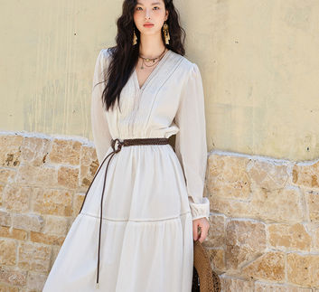 A-LINE V-Neck Dress, Cotton Blend, White Sashes, Puff Sleeve Mid-Calf