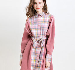 Casual Corduroy Plaid Dress, Turn-Down Collar, Full Sleeve, Mid-Calf