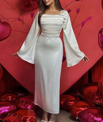 white bandage long sleeve square neck midaxi dress Square Neck Long Sleeve Midi Dress in Ivory