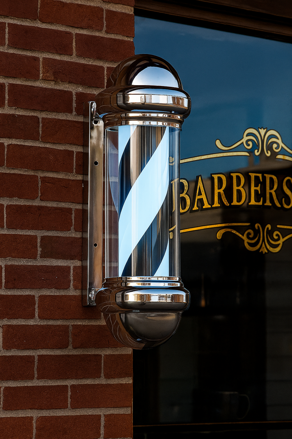 Poste Giratorio Para Barbería Faro Caramelo 70cm Con Base Negro Con Blanco