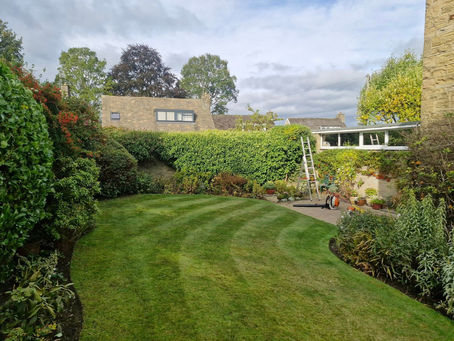 Freshly mown striped lawn with tidy borders and hedge maintenance in Otley, West Yorkshire
