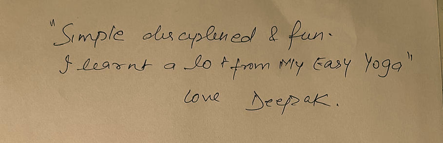 Handwritten Testimony in brown color paper appreciating My Easy Yoga Online Classes