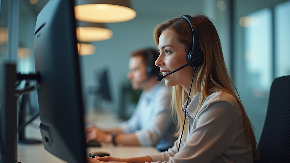 Eye-level view of a customer service representative using a headset and computer
