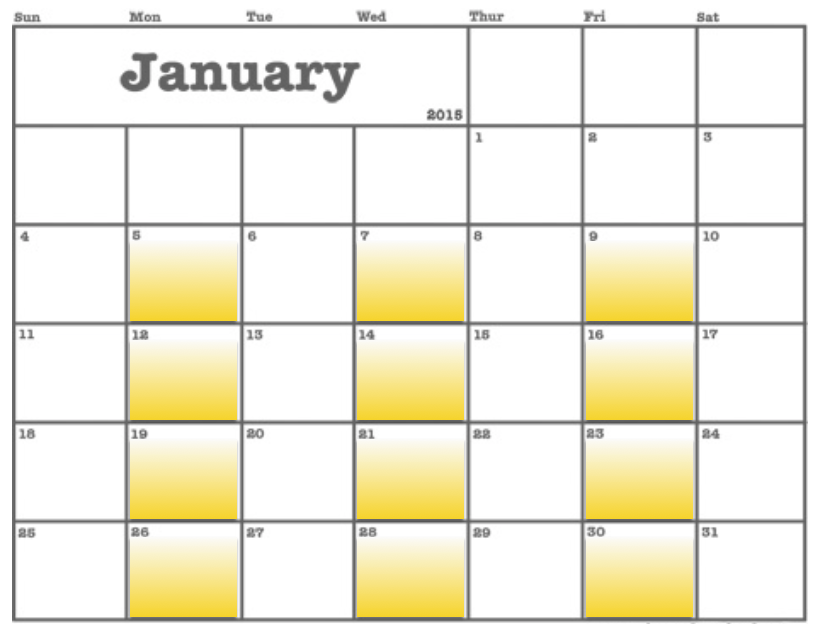 A monthly calendar of January with dates highlighted in yellow