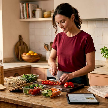 Woman prepping healthy meals in kitchen