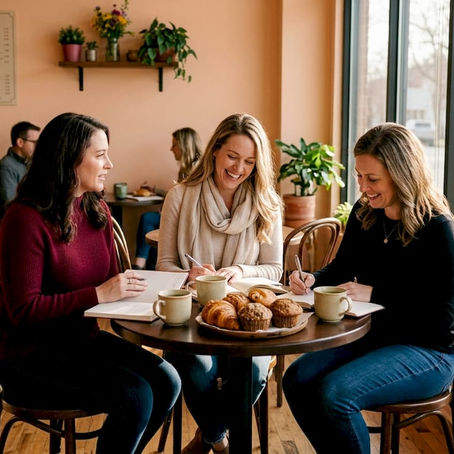 Three women discussing weight loss community