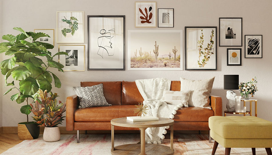 Living room with wall collage, leather couch, coffee table