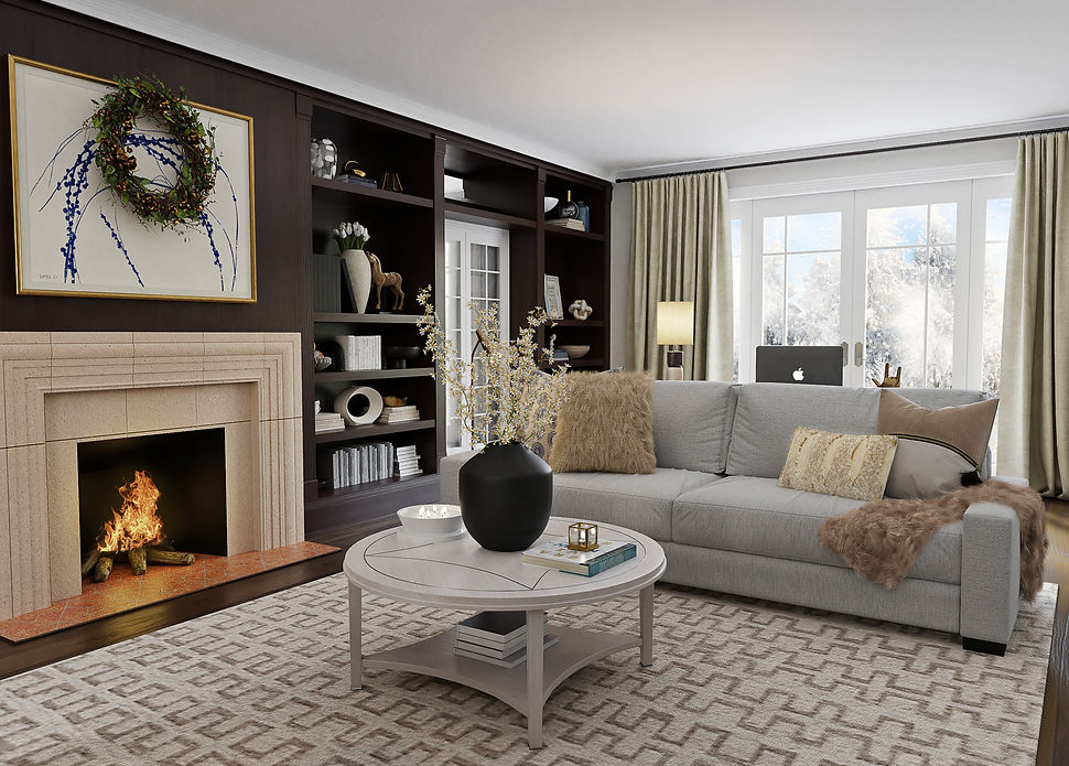 Living room with fireplace, couch, area rug, coffee table, built-ins