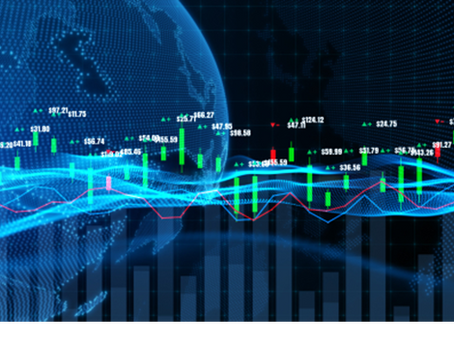 Digital stock market chart with green and red candlesticks over a blue globe background. Numbers indicate stock values, creating a tech vibe.