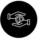Hands holding coin icon, on black background, financial assistance concept.