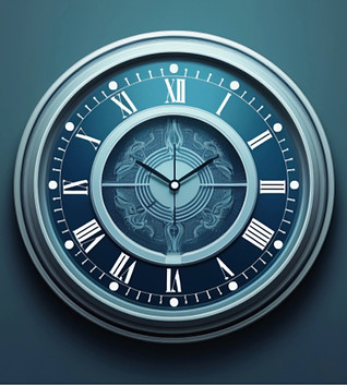 Blue clock with Roman numerals, hands pointing at twelve on a blue background.