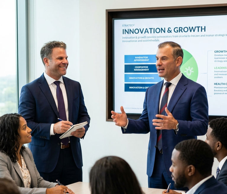 Two businessmen leading a discussion on innovation and real estate growth.