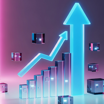 Neon graph with blue bars and upward arrow on a pink-purple gradient background. Floating cubes enhance a futuristic, optimistic vibe.