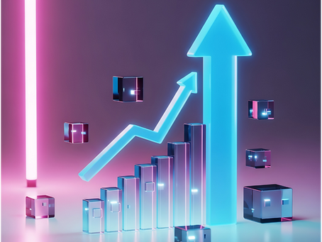Neon graph with blue bars and upward arrow on a pink-purple gradient background. Floating cubes enhance a futuristic, optimistic vibe.