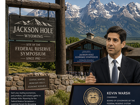 Kevin Warsh speaks at Jackson Hole Economic Symposium beside Wyoming sign, with snowy mountains and lodge backdrop.