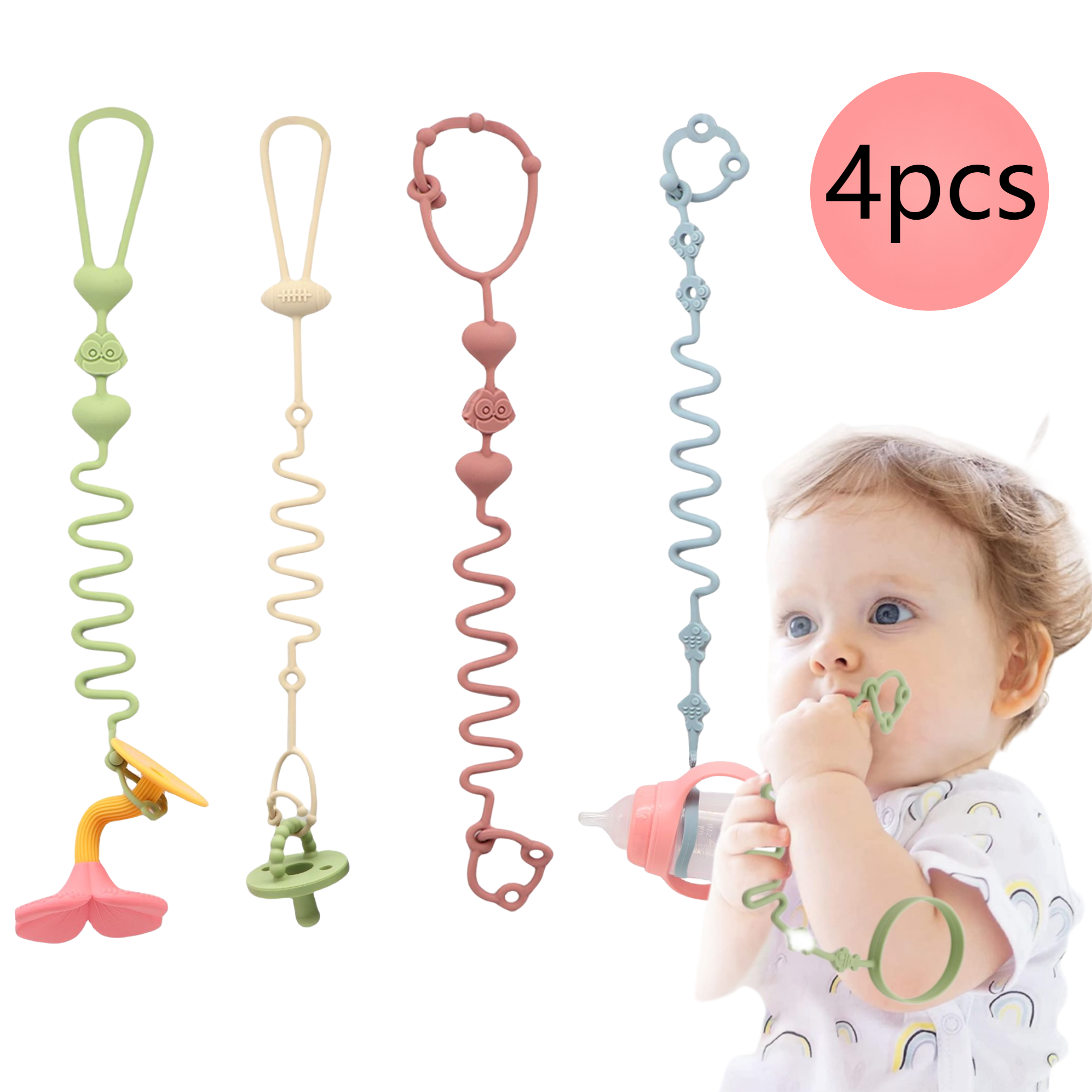 4pcs Adjustable Silicone Pacifier Chain, Teether Toys, Suitable for High Chair,