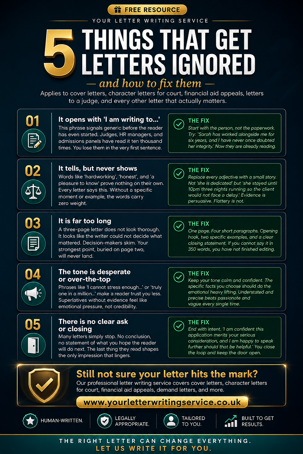 Five specific, fixable mistakes that get important letters ignored, with the full explanation, examples and fixes for each one.