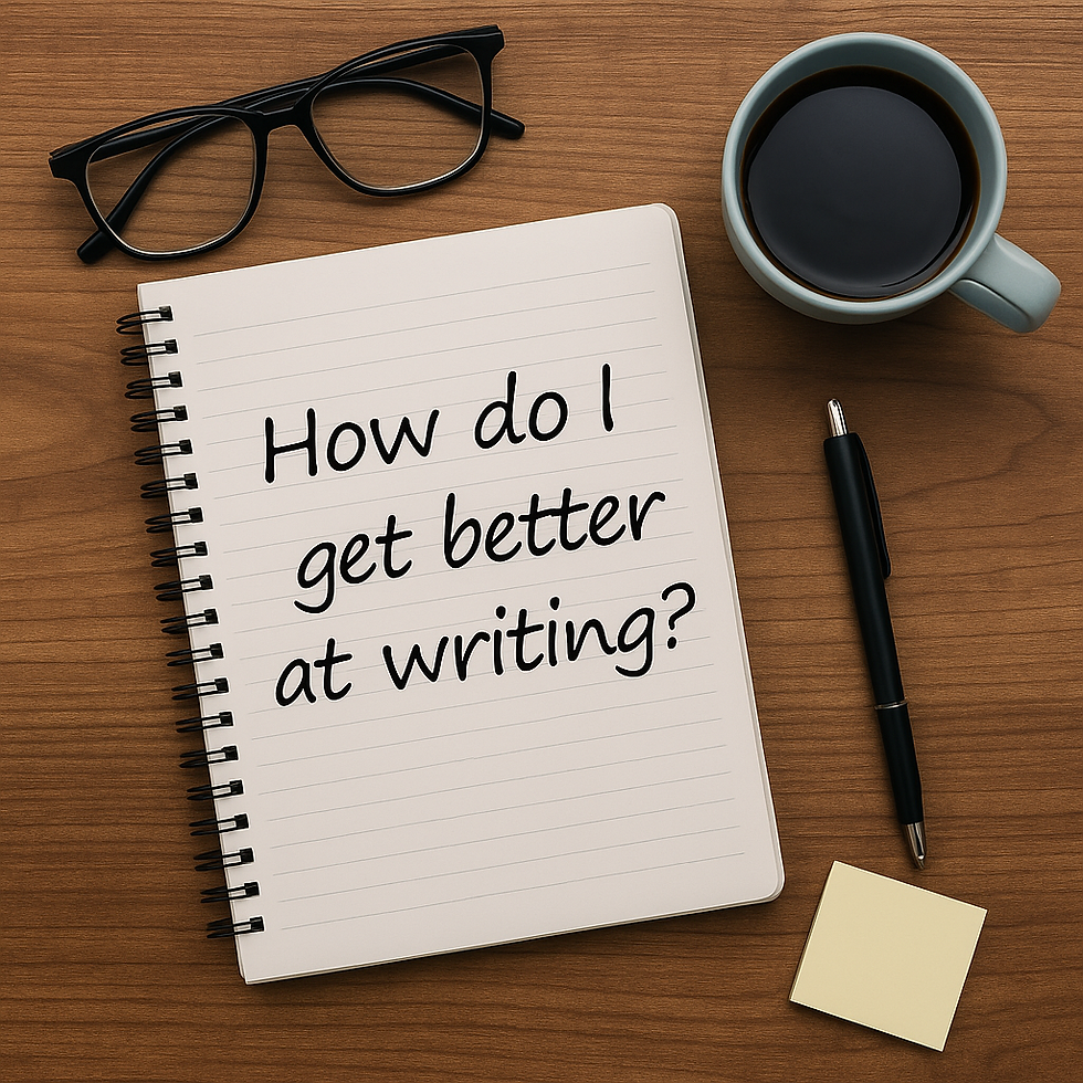 An image showing a note pad on a desk with the words, 'How do I get better at writing?' Written on it. There is also a pair of glasses, a coffee and a pen on the desk