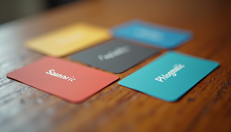Eye-level view of a wooden table with four colored cards representing the four temperaments