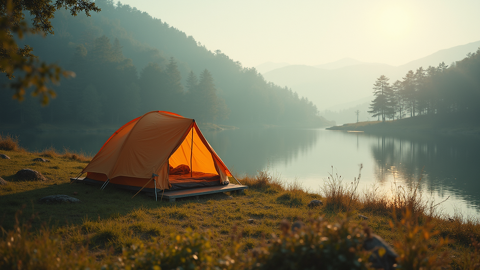 Wide angle view of a luxury camping tent set up near a lake in Lonavala