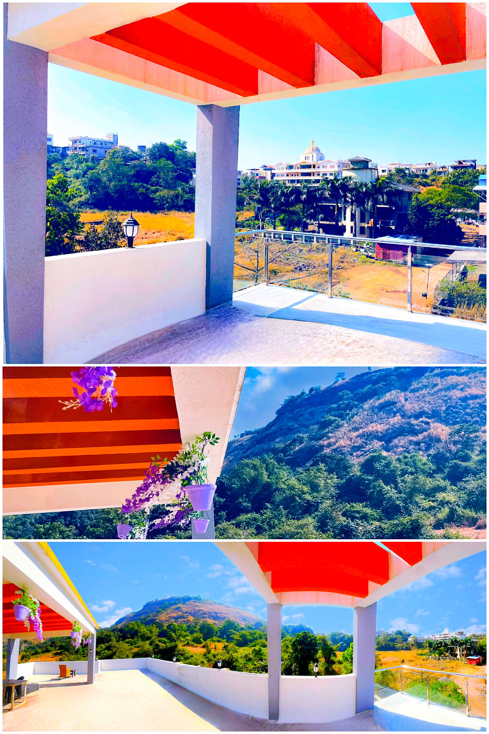 Scenic terrace views from Vedaksh Villa, showcasing vibrant architecture, lush greenery, and distant hills under a clear blue sky.