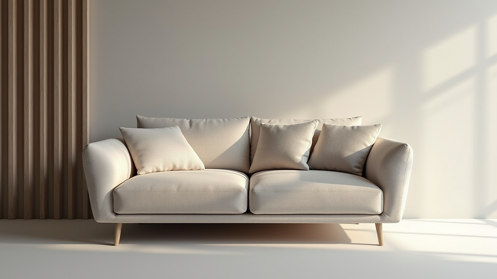 Eye-level view of a modern sofa rendered in 3d with fabric options