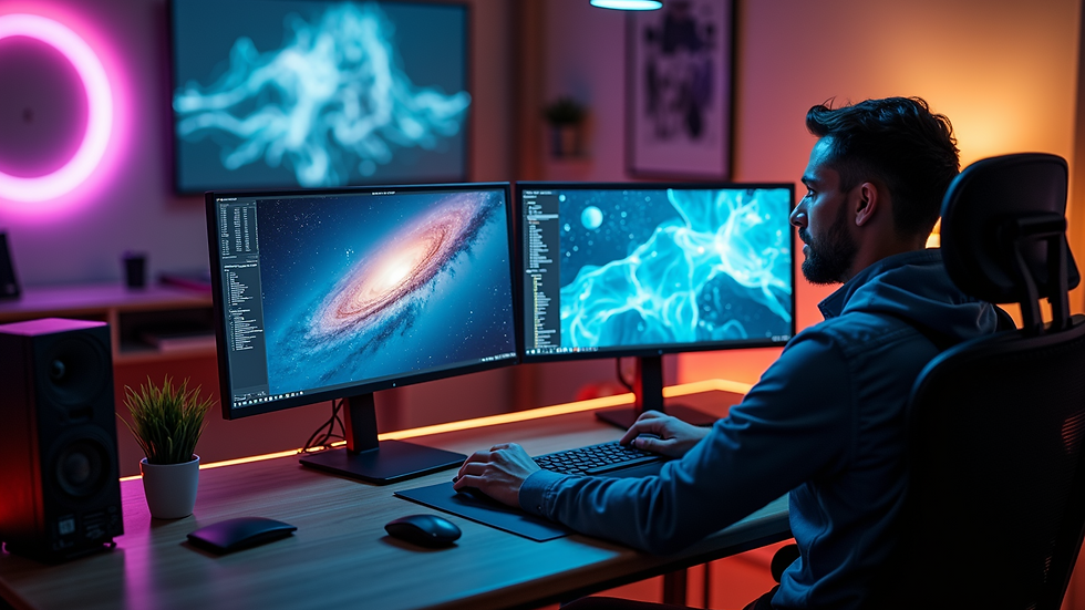 High angle view of a computer workstation with dual monitors displaying 3d rendering projects