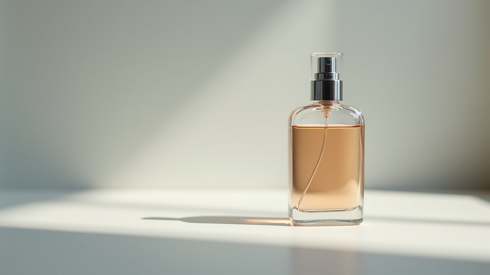 Eye-level view of a perfume bottle with a spray nozzle on a plain surface