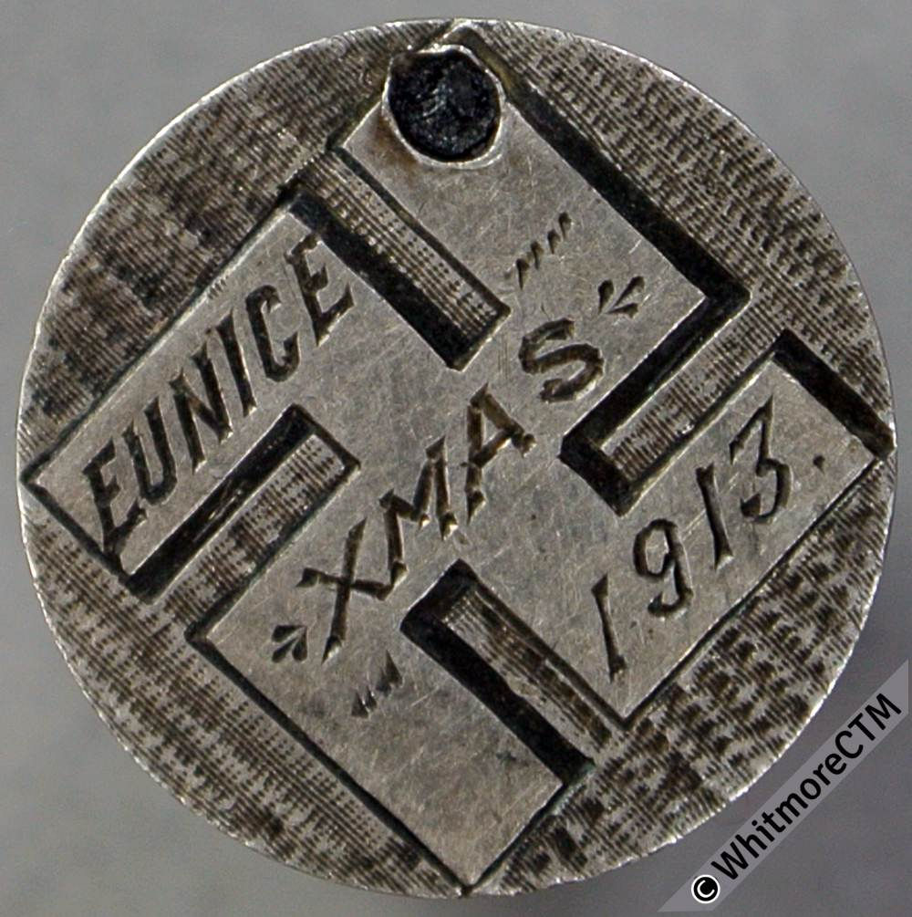 George V Silver 3d, smoothed and engraved on rear, Swastika Eunice Xmas 1913