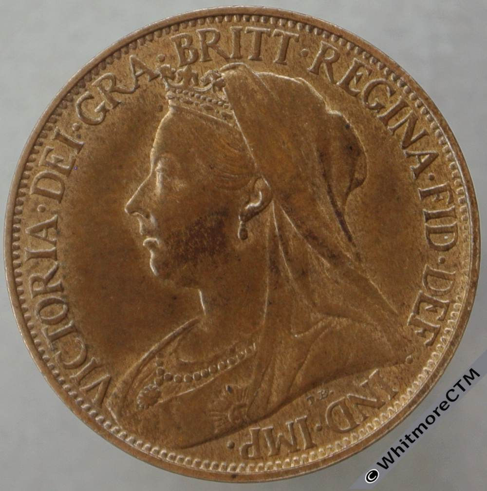 1896 British Bronze Farthing Victoria Veiled Head. 30% Lustre