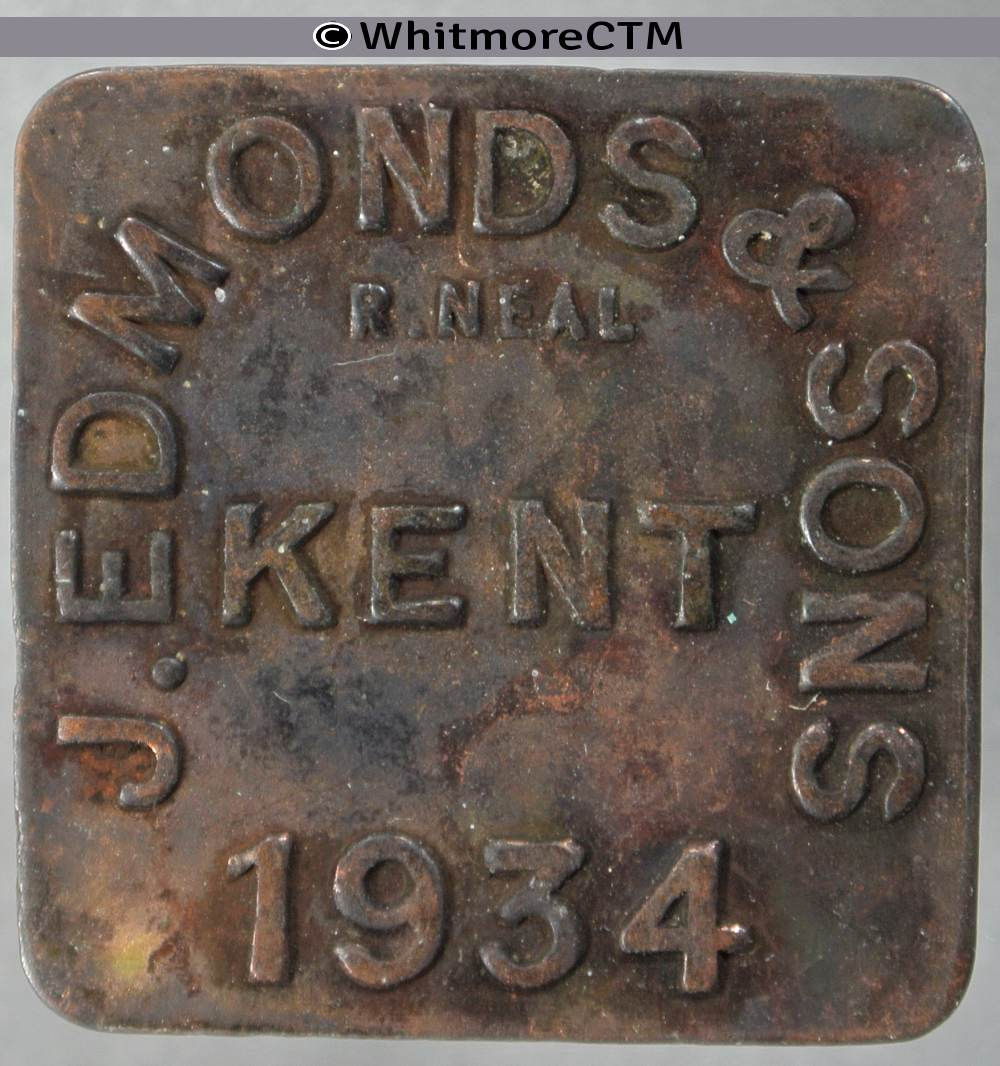 Market Token Kent 28mm 1934 J.Edmonds & Sons. Square bracteate brass