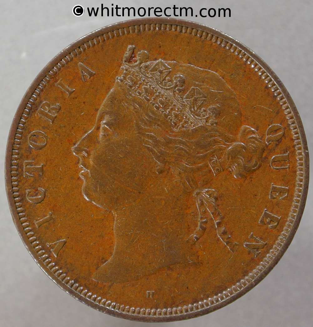 1874H Straits Settlements 1 Cent coin obv - Queen Victoria British Crown Colony
