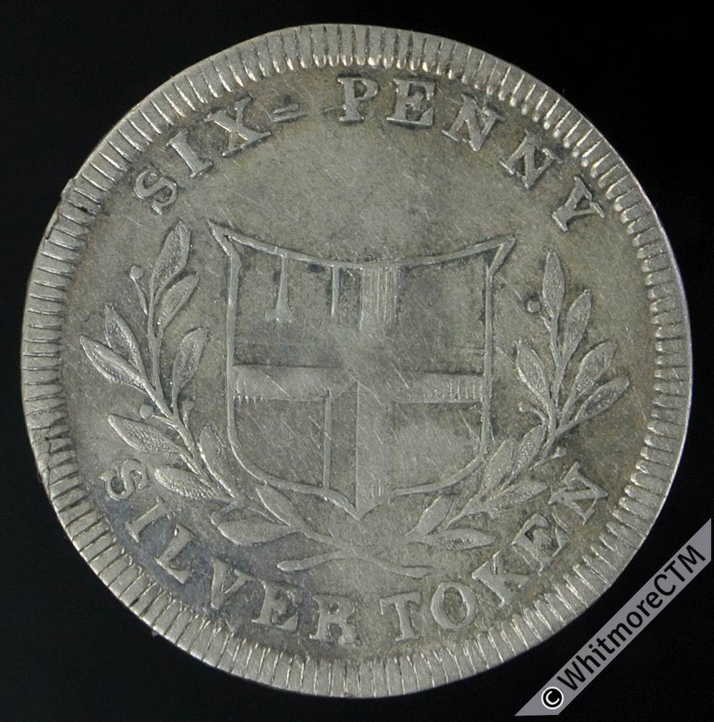 19th Century Silver Sixpence London 33 Charing Cross.  Statue on pedestal / Arms