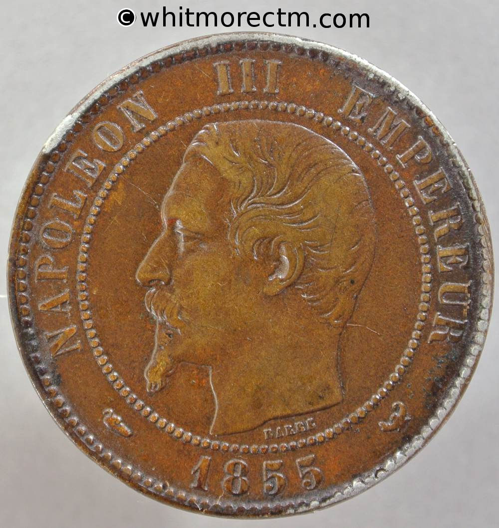 1855 France 5 Centimes coin 1855W Dogs head Y17