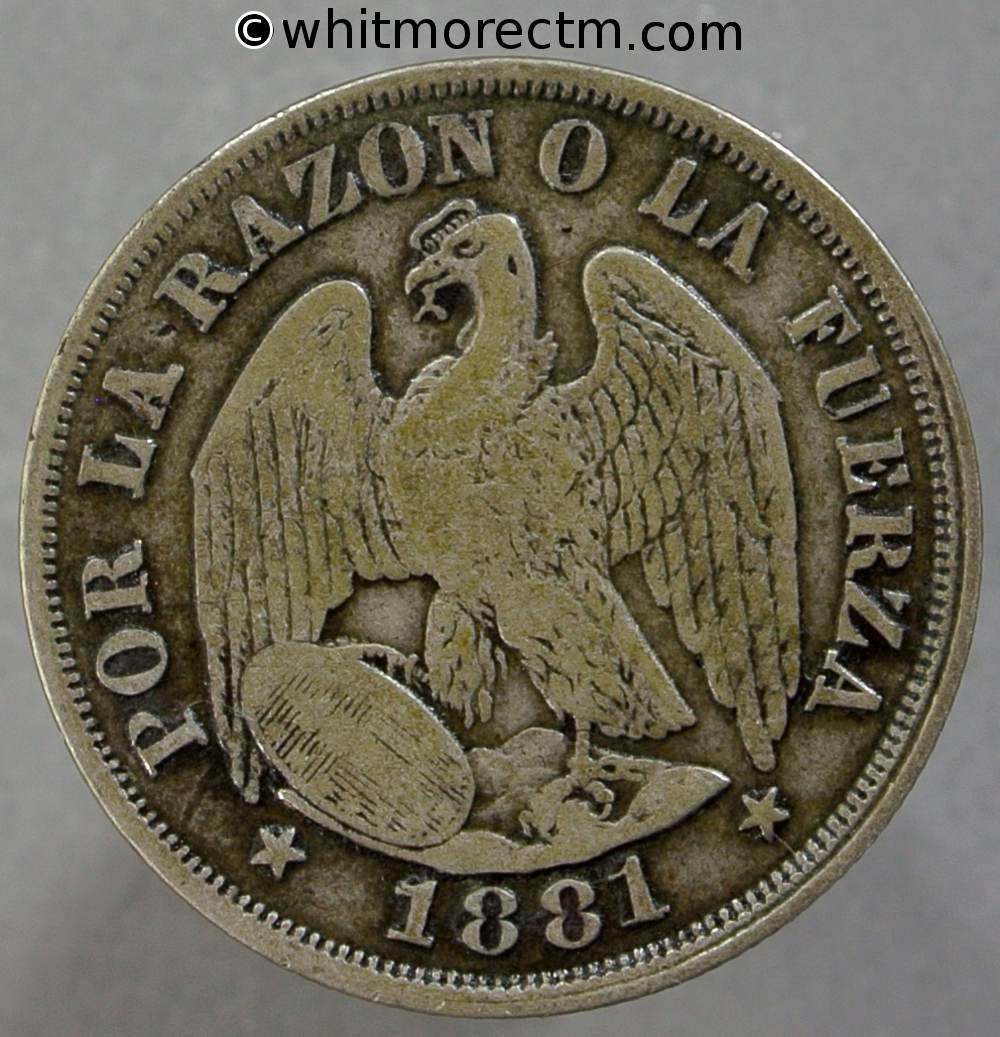 1881 Chile 20 Centavos coin Y16b Silver