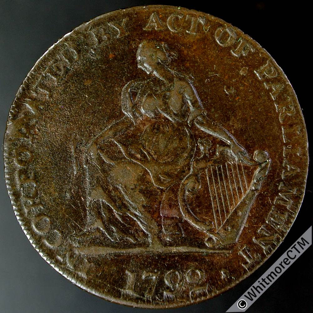 18th Century Halfpenny Dublin 91 1792 Camac Kyan female with harp. H M Co Cypher