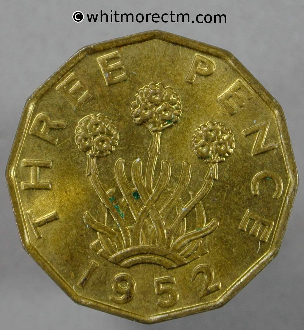 1952 British Brass Threepence George VI 80% Lustre