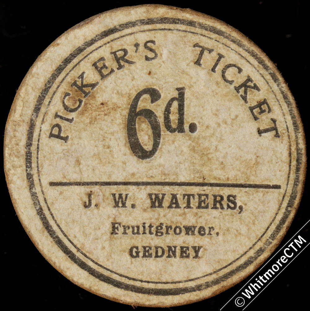 Gedney (Lincs) J.W.Waters Fruitgrower Pickers Ticket Token 41mm 6d Cardboard