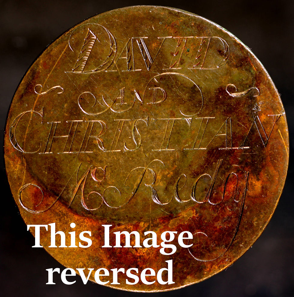 Thumbnail: Engraved Love Token 33mm engraved on 18th Century Anglesey copper penny
